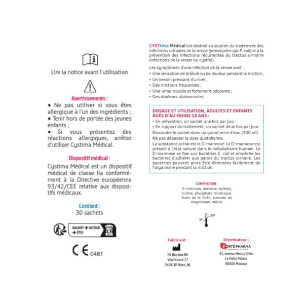 Forté Pharma - Cystima Medical - Dispositif medical - Cystites, infection urinaire femme, Prévention et traitement - D mannos...