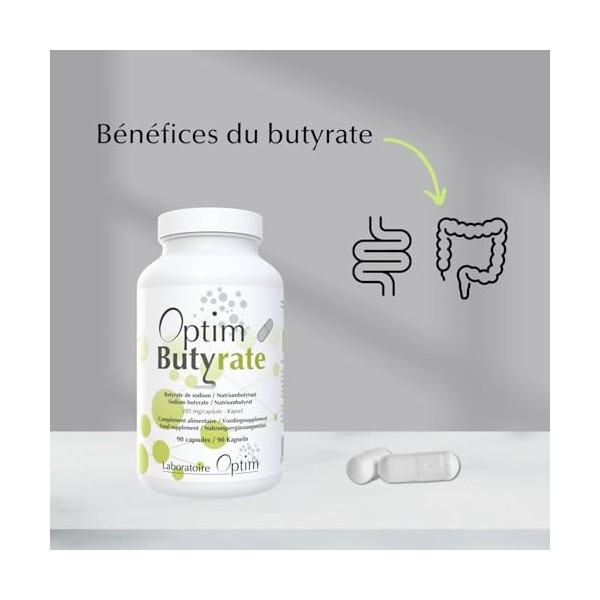 OPTIM Butyrate de Sodium Enrobé 285mg Libération Progressive 90 Gélules - Acide Butyrique pour Transit Intestinal et Côlon - 