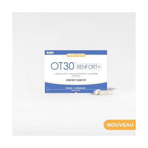 OT30® Renfort+ Probiotiques – OctoVita – Synergie de 3 souches – 3 milliards UFC/Gélule + Vitamine B2 – Microbiote Intestinal