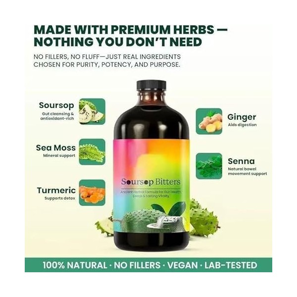 Corossol Bitters Liquid - pour la santé digestive, la désintoxication et le nettoyage des intestins, le soutien immunitaire, 