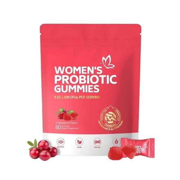 Probiotiques pour Femmes, Formule 3 en 1 avec 5 milliards dUFC équilibre PH pour une flore et une odeur saines, goût de cann ...