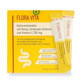 Flora Vita Cultures Complexe - 30 sachets Probiotiques & Prébiotiques Synbiotiques avec 21 souches bactériennes, Cordyceps,