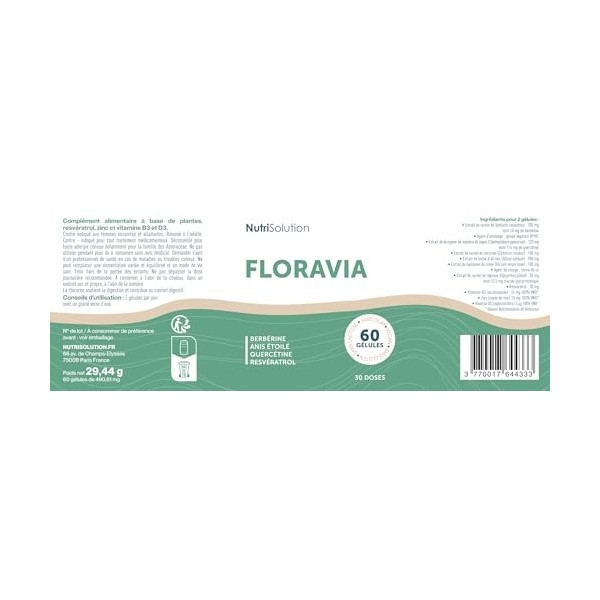 Floravia de NutriSolution I Resvératrol Zinc Vitamine B3 Vitamine D3 Berbérine Quercétine Inuline I Absorption du Nutriment,