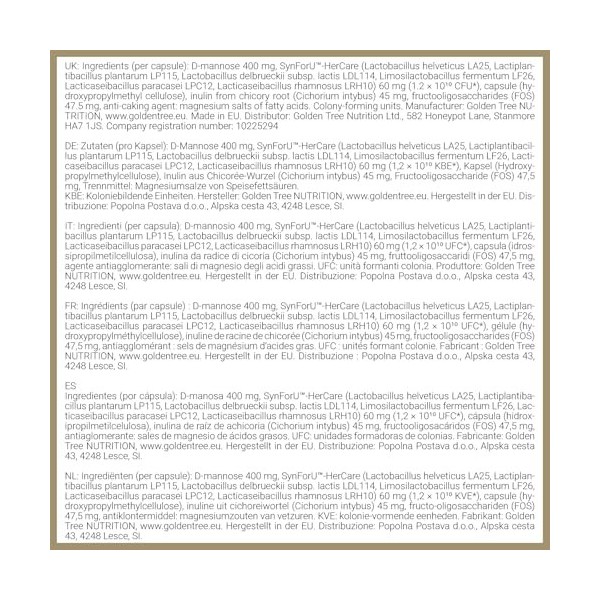 Golden Tree My Flora Biotics – Probiotiques pour Femme avec 6 Souches de Lactobacillus, D-Mannose et Inuline – 12 Milliards d