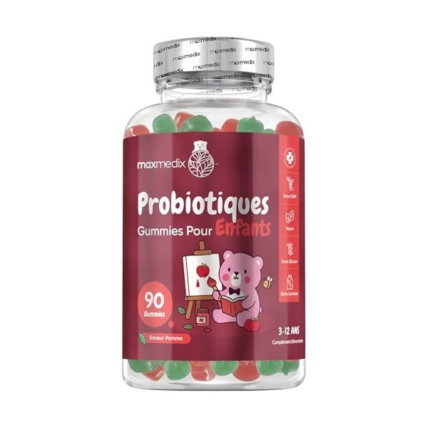 Gommes Probiotique Enfant pour 3-12 Ans - 90 Gummies Vegan - 45 Jours, Probiotics d1 milliard d’UFC de Bacillus Coagulans av
