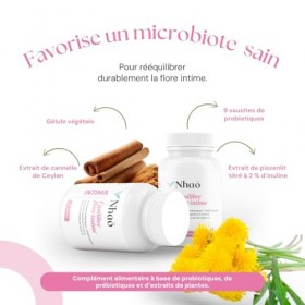 Nhao probiotique & prebiotique Flore Intime – 9 Souches FOS, étude clinique candidoses,Extrait de Pissenlit & Cannelle – Comp
