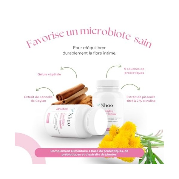 Nhao probiotique & prebiotique Flore Intime – 9 Souches FOS, étude clinique candidoses,Extrait de Pissenlit & Cannelle – Comp