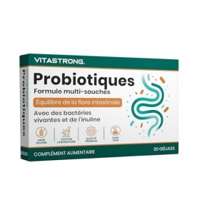 Probiotique Flore Intestinale Vitastrong, 30 Milliards UFC/Jour, Formule 100% Végan avec Bactéries Vivantes, Inuline, Lactoba