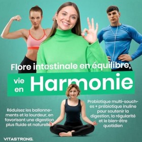 Probiotique Flore Intestinale Vitastrong, 30 Milliards UFC/Jour, Formule 100% Végan avec Bactéries Vivantes, Inuline, Lactoba