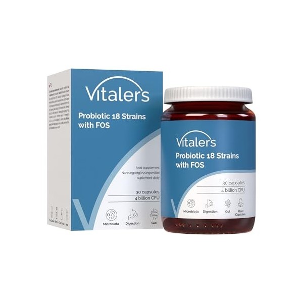 Probiotique Vitalers 18 Souches avec FOS 30 gélules – Vegan, Formule Pure, Sans Agents de Remplissage, Soutien Digestif