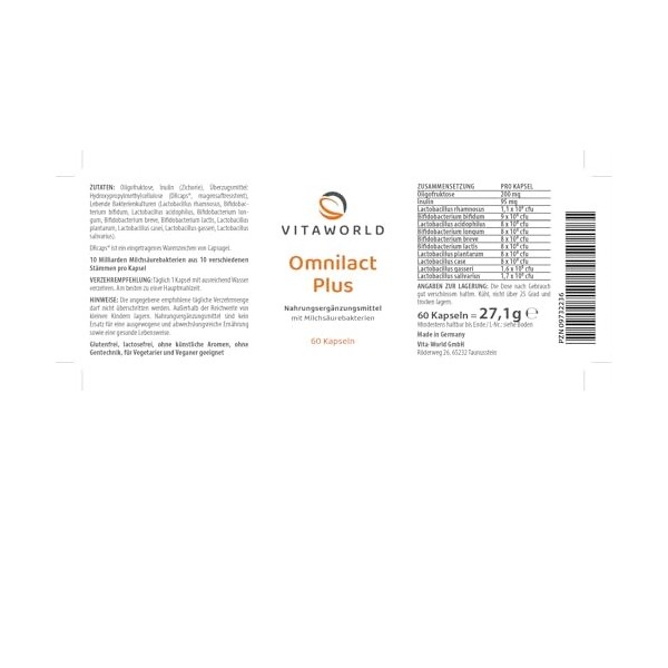 Vitaworld Omnilact Plus 10 milliards de bactéries lactiques issues de 10 souches différentes par capsule, encapsulation gastr