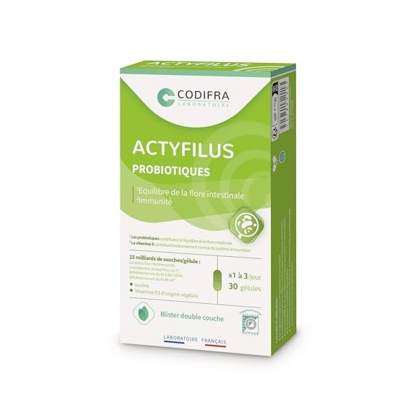 Codifra - Actyfilus, Complément Alimentaire Immunité et Flore Intestinale - 4 Souches de Probiotiques + Inuline + Vitamine D3...