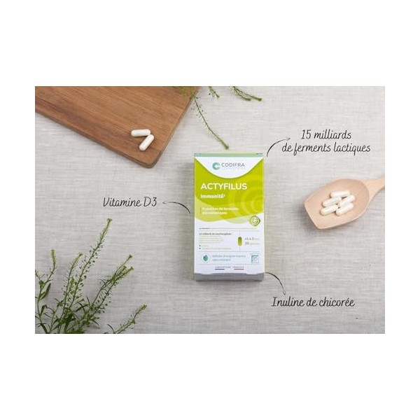 Codifra - Actyfilus, Complément Alimentaire Immunité et Flore Intestinale - 4 Souches de Probiotiques + Inuline + Vitamine D3...