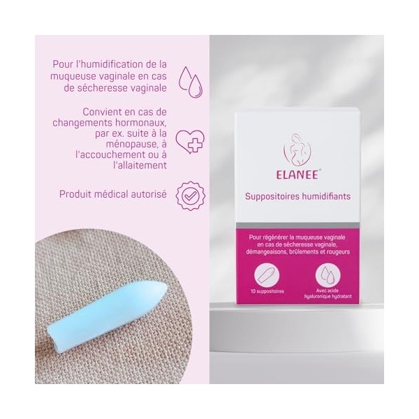 ELANEE suppositoires humidifants [10 suppositoires] ouvules vaginaux en cas de sécheresse vaginale, démangeaisons & brûlement