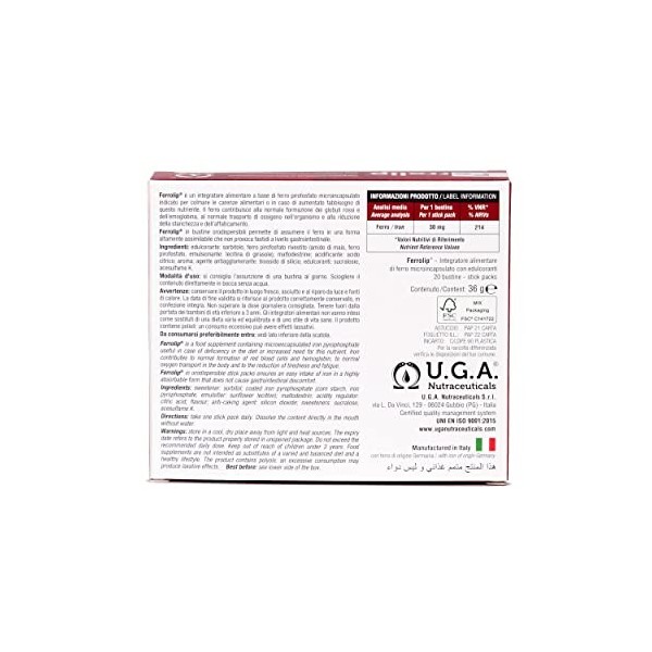 UGANUTRACEUTICA FERROLIP 20sbrs. – complément alimentaire en sachets à diluer, permet d’apporter facilement des actifs ciblés