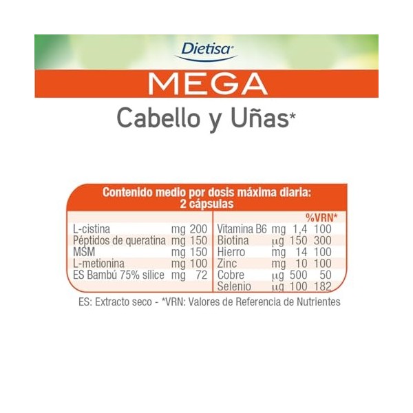 DIETISADIELISA MEGA CABELLO Y UÑAS 60cap. – complément complet proposé en gélules pratiques, boîte de 60 gélules, à prendre r