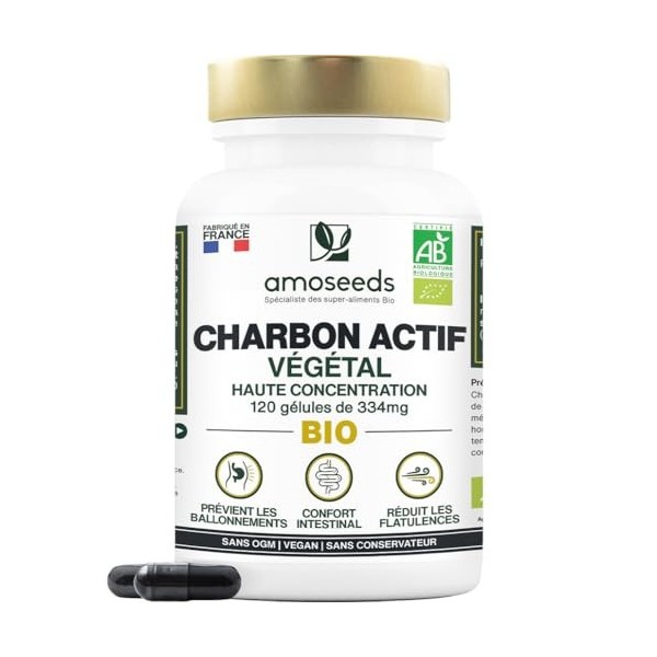 Charbon Actif Végétal BIO | Haute Concentration, 2000mg / Jour | 120 gélules de 334mg | Ballonnements, Flatulences | Qualité