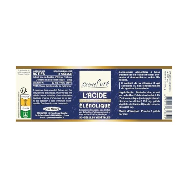 Acide Elénolique Olivier Essence Pure | 4% Acide Elénolique, Vitamine C | Santé Immunitaire | Végétalien, Sans Allergènes, 30