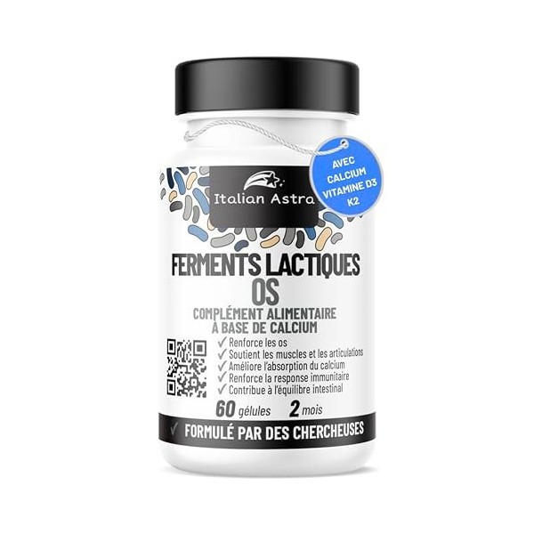 Italian Astra Probiotique pour les Os, Complément Alimentaire de Calcium Magnesium Zinc Vitamin D3 K2 et C, avec Ferments Lac