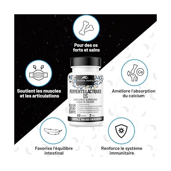 Italian Astra Probiotique pour les Os, Complément Alimentaire de Calcium Magnesium Zinc Vitamin D3 K2 et C, avec Ferments Lac