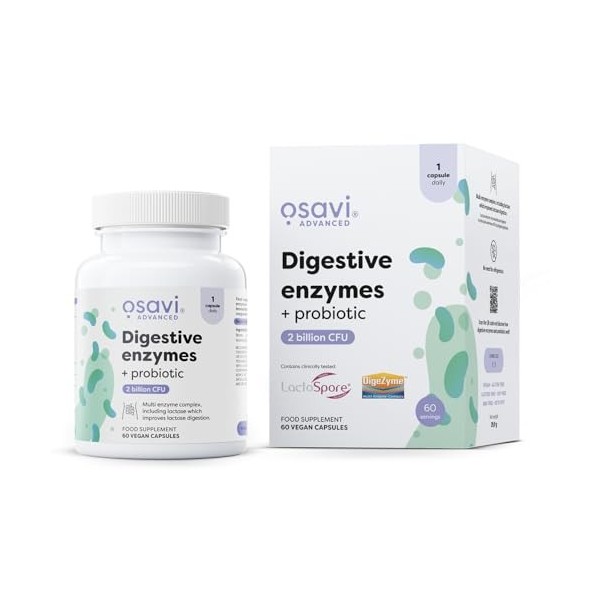 Osavi Enzymes Digestives + Probiotique – 60 Gélules Végétales | DigeZyme® + LactoSpore® | 7 enzymes digestives avec papaïne &