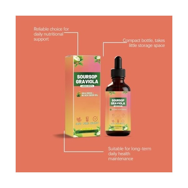 Corossol Graviola Liquide, Soutien immunitaire et intestinal, 60 ml, sans sucre ni gluten,1PCS Bactéries et levures