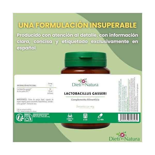 DIETI NATURA Lactobacillus Gasseri - 60 gélules - 1 capsule quotidienne - Probiotique pour bien-être digestif - Capsules végé