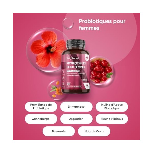 Probiotique Femmes - 90 Gélules 30 Milliards d’UFC pour 1 Mois, Lactobacillus Rhamnosus, Prebiotique et Probiotique, Inuline