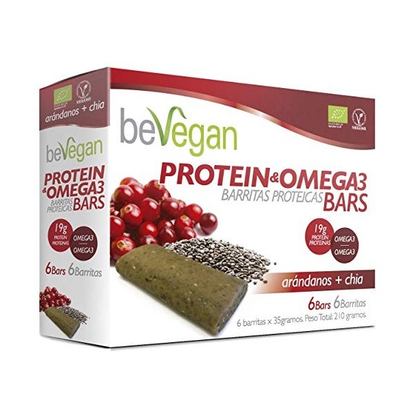 BEVEGAN BARRITAS PROTEICAS-ANTIOX arandano+chia 6uds. BIO – en-cas léger à emporter partout, coffret de 6 pièces, pratique à