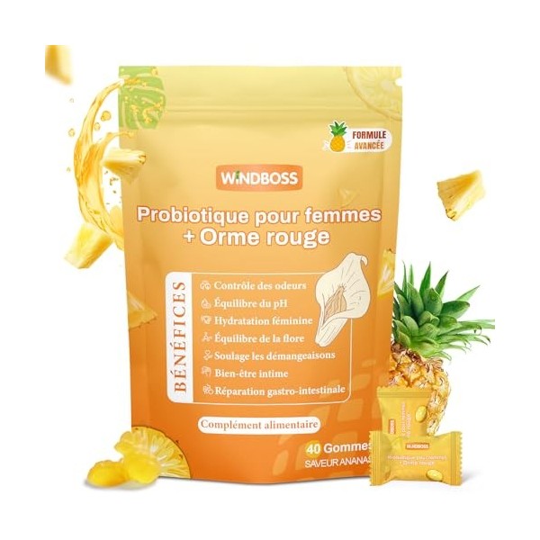 WindBoss Gummies Probiotiques Féminins – Soutien Quotidien de lÉquilibre Féminin avec Slippery Elm pour lÉquilibre du pH et