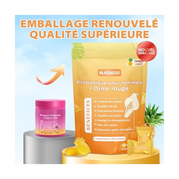 WindBoss Gummies Probiotiques Féminins – Soutien Quotidien de lÉquilibre Féminin avec Slippery Elm pour lÉquilibre du pH et