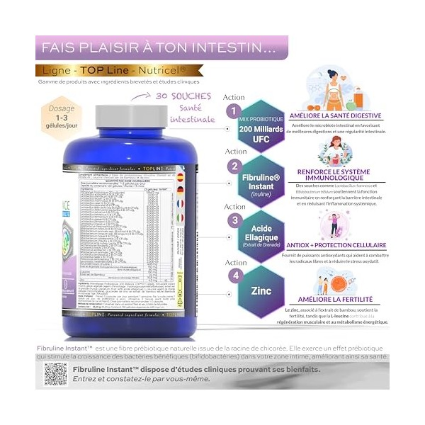Probiotique flore intestinale - 200 Milliards UFC/Jour - 30 souches bactériennes, 120 Gélules Gastro-résistantes. Probiotique