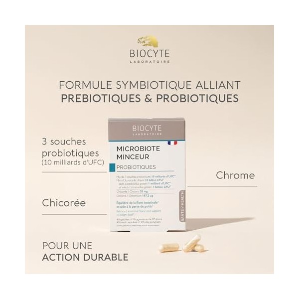 BIOCYTE Microbiote Minceur - Complement Alimentaire Probiotique Flore Intestinale - 10 milliards dUFC, Vitamines, Arginine, 
