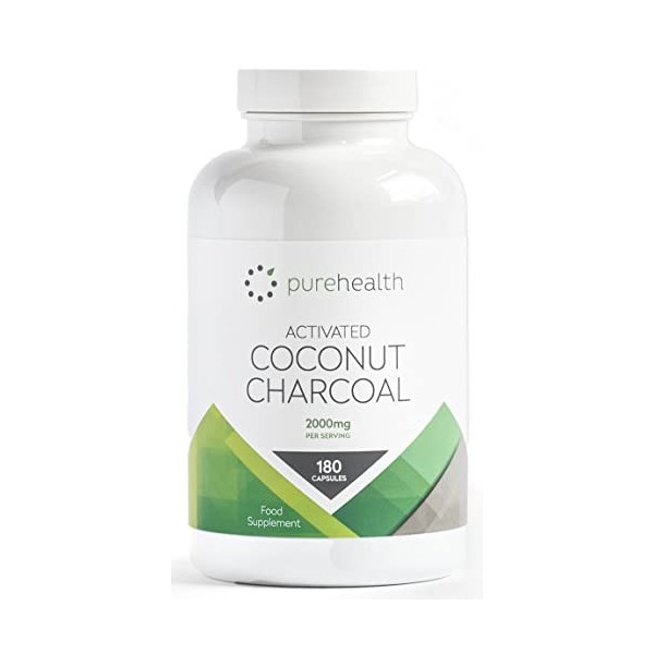 Charbon Actif Végétal de Coco 2000 mg - Portion quotidienne | Sans remplissage/agents de remplissage | 180 gélules | Noix de