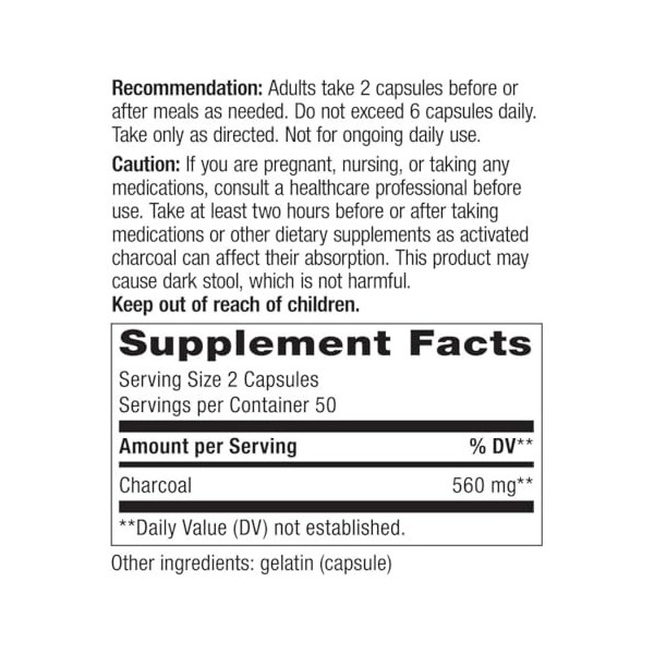 Natures Way - Pouvoir certifié par Adsorbency élevé de charbon actif - 100 Capsules