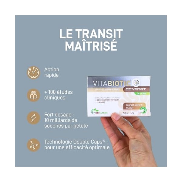 Vitanutrics - VITABIOTIC Confort - Souches Microbiotiques, Mauve - Soutien du Transit et du Système Digestif - Fabriqué en Fr