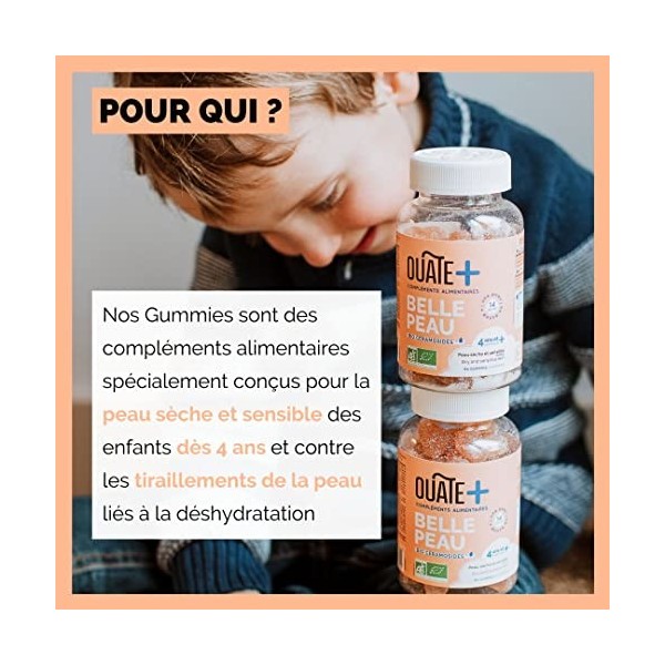 OUATE - Gummies Belle Peau - Compléments Alimentaires pour Enfant - Peau Sensible et sèche - 4 à 11 ans - 60 Gommes 1 mois 