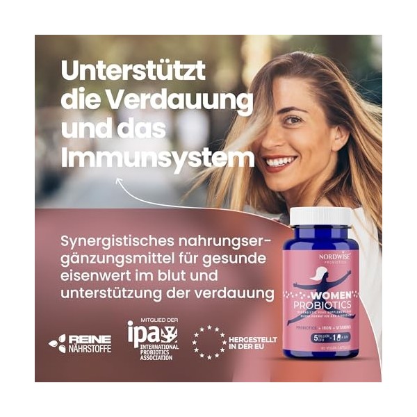 NORDWISE Probiotiques Assainissement intestinal pour femmes I 2 mois de stock 300 milliards dUFC/paquet I Soutien à la cro
