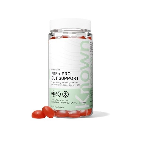 Gummies Délicieux Pré+Probiotiques Known – 3 Milliards CFU Bacillus Coagulans – Saveur Ananas & Orange – 60 Gummies Vegan, 1 