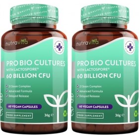 Nutravita Probiotique Flore Intestinale 60 milliards dUFC - 21 Souches Bactériennes avec Lactospore® Inuline Lactobacillus B