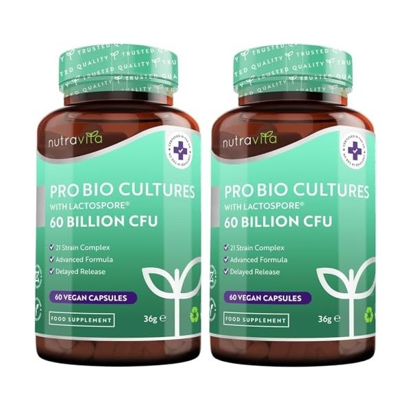 Nutravita Probiotique Flore Intestinale 60 milliards dUFC - 21 Souches Bactériennes avec Lactospore® Inuline Lactobacillus B