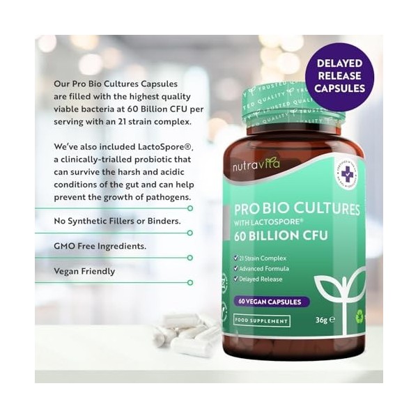 Nutravita Probiotique Flore Intestinale 60 milliards dUFC - 21 Souches Bactériennes avec Lactospore® Inuline Lactobacillus B