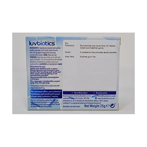 Luv Biotics Pastilles au citron sans sucre avec probiotiques oraux, xylitol et aloe vera - 3 x 30 pastilles