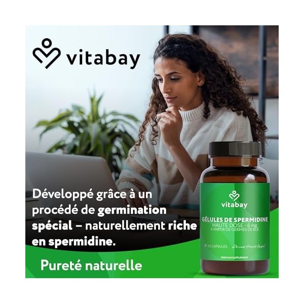 Vitabay Spermidine 6 mg hautement dosée – 120 gélules véganes à base d’extrait de germe de blé fermenté – fabrication naturel