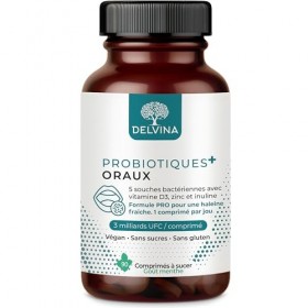 DELVINA Probiotiques Oraux PRO - 90 comprimés à sucer - Contre mauvaise haleine - Haleine fraîche - 5 Souches, Vitamine D3, Z...