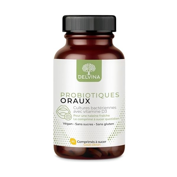 DELVINA Probiotiques Oraux PRO - 90 comprimés à sucer - Contre mauvaise haleine - Haleine fraîche - 5 Souches, Vitamine D3, Z...