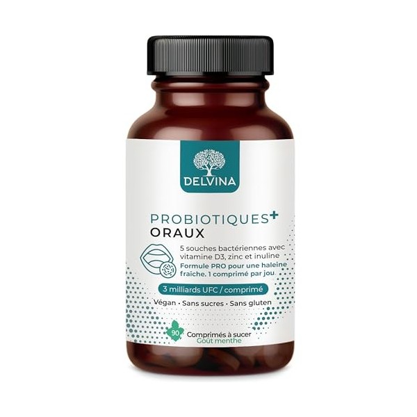 DELVINA Probiotiques Oraux PRO - 90 comprimés à sucer - Contre mauvaise haleine - Haleine fraîche - 5 Souches, Vitamine D3, Z...