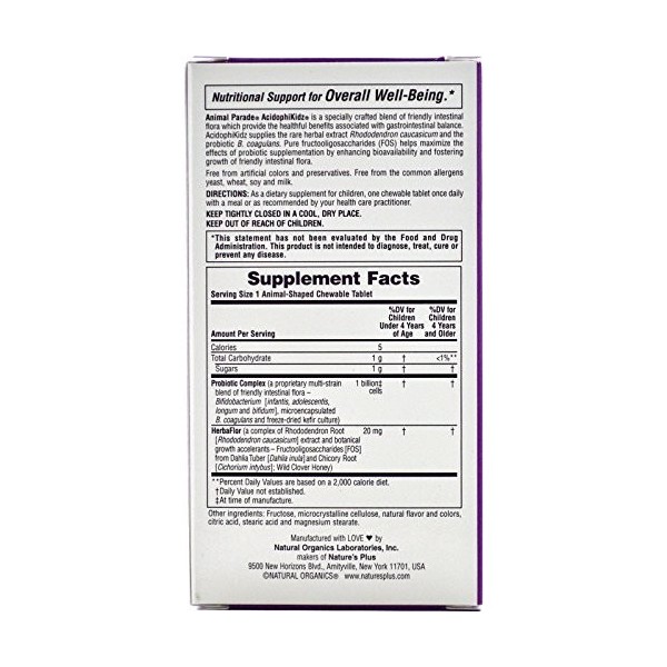 AcidophiKidz Lot de 90 animaux à mâcher pour enfant Baie naturelle Natures Plus