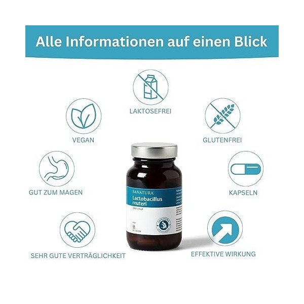 Sanatura Lactobacillus reuteri – 60 Kapseln – Milchsäurebakterien inaktiviert – wohltuend für den Magen – 20 Mrd pro Tagesdos