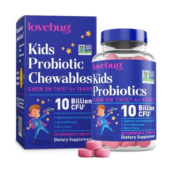 Probiotique Lovebug pour enfants | Multi-souche 10 milliards dUFC | Constipation et inconfort gastrique | Sans sucre | 4 ans
